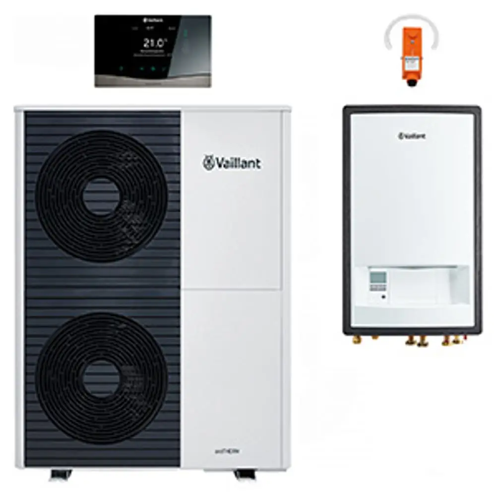 Vaillant Außeneinheit mit zwei Lüftern und Inneneinheit zur Wärmeversorgung, integriert mit Steuerungselement.